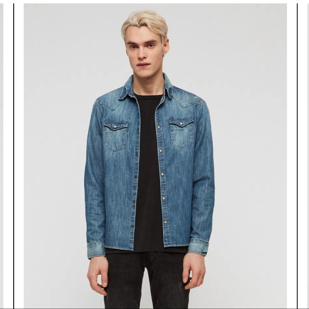 All Saints Distressed Blue Denim Shirt